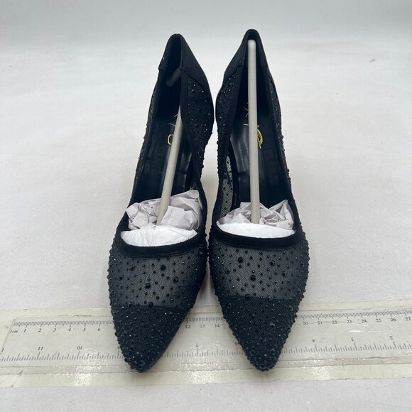 XYD Black High Heels Pumps Sheer Mesh Crystal Studs Pointed Toe Sexy Bridal Shoe - Picture 3 of 8